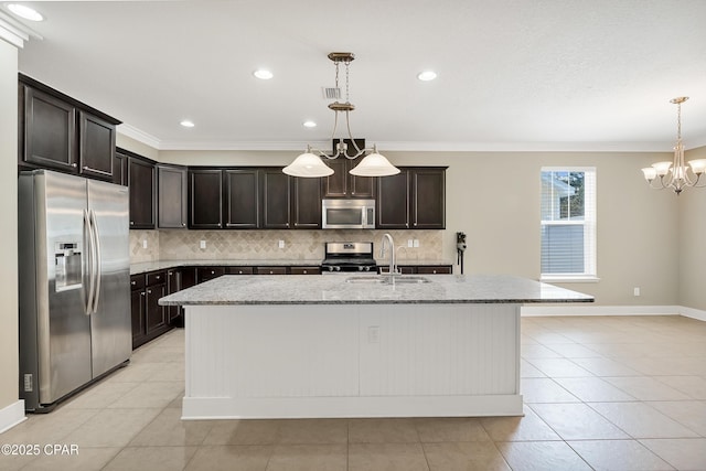 117 Cedar Hammock Ln, Panama City Beach, FL 32407 - kitchen with appliances with stainless steel finishes, a sink, a chandelier, backsplash, and crown molding