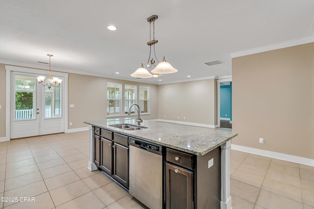 117 Cedar Hammock Ln, Panama City Beach, FL 32407 - kitchen featuring dishwasher, a sink, ornamental molding, light tile patterned flooring, and a chandelier