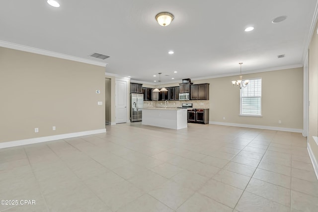 117 Cedar Hammock Ln, Panama City Beach, FL 32407 - unfurnished living room with a chandelier, ornamental molding, baseboards, recessed lighting, and light tile patterned flooring