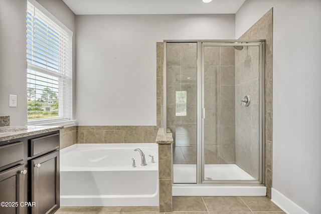 117 Cedar Hammock Ln, Panama City Beach, FL 32407 - full bathroom with a bath, a shower stall, vanity, and tile patterned flooring