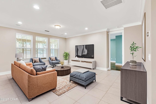 117 Cedar Hammock Ln, Panama City Beach, FL 32407 - living area featuring baseboards, ornamental molding, recessed lighting, and light tile patterned floors