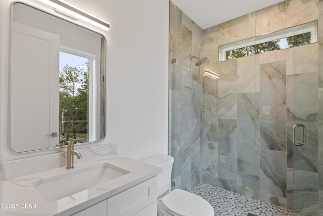 17 Woodland Dr, Santa Rosa Beach, FL 32459 - bathroom with toilet, vanity, a stall shower, and a wealth of natural light