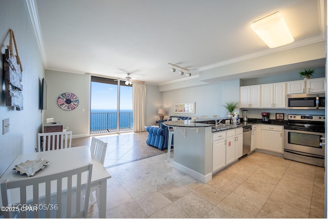 16819 Front Beach Rd Unit 2903, Panama City Beach, FL 32413 - kitchen with ornamental molding, track lighting, open floor plan, a peninsula, and stainless steel appliances