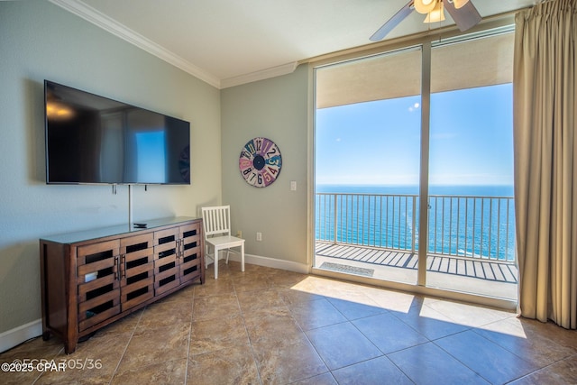 16819 Front Beach Rd Unit 2903, Panama City Beach, FL 32413 - living area with floor to ceiling windows, baseboards, ceiling fan, a water view, and crown molding