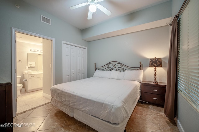 16819 Front Beach Rd Unit 2903, Panama City Beach, FL 32413 - tiled bedroom with ceiling fan, a closet, ensuite bath, and visible vents
