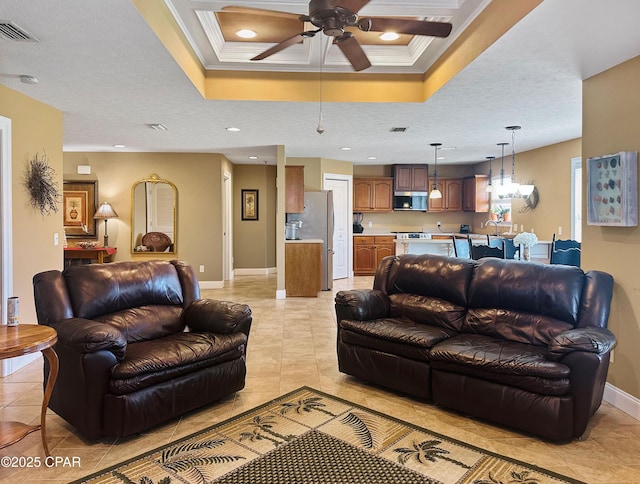 4439 Bylsma Cir, Panama City, FL 32404 - living room with ceiling fan, light tile patterned floors, baseboards, crown molding, and recessed lighting