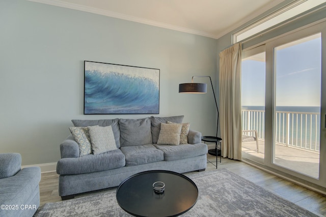 9860 S Thomas Dr Unit 2111, Panama City Beach, FL 32408 - living room with wood finished floors, ornamental molding, and baseboards