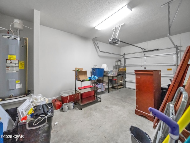 garage with electric water heater and a garage door opener