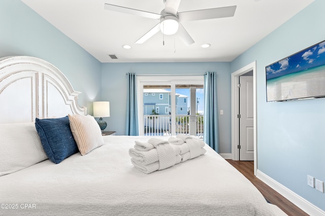 2501 Highway 98 C C, Mexico Beach, FL 32456 - bedroom with dark wood-style flooring, baseboards, access to outside, ceiling fan, and recessed lighting
