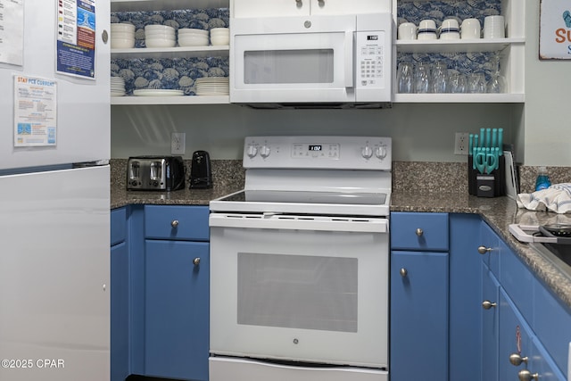9900 S Thomas Dr Unit 425, Panama City, FL 32408 - kitchen featuring blue cabinets, open shelves, and white appliances