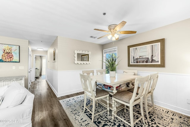 17690 Front Beach Rd Unit D307, Panama City Beach, FL 32413 - dining area with wainscoting, wood finished floors, visible vents, and ceiling fan