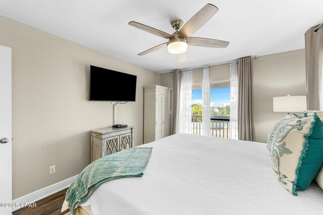 17690 Front Beach Rd Unit D307, Panama City Beach, FL 32413 - bedroom with access to outside, wood finished floors, baseboards, and ceiling fan