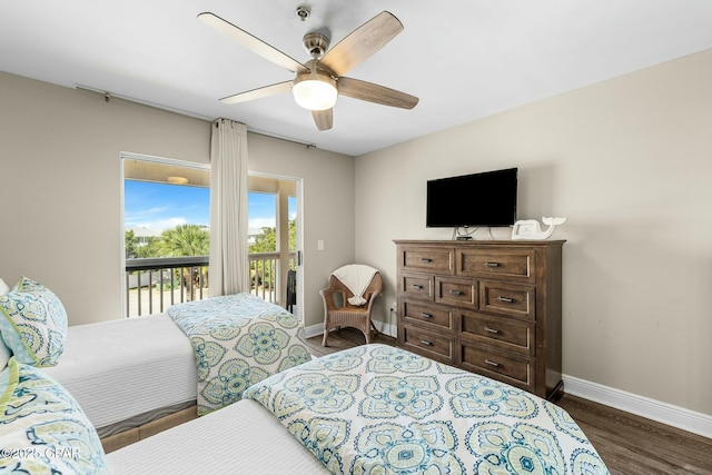 17690 Front Beach Rd Unit D307, Panama City Beach, FL 32413 - bedroom featuring a ceiling fan, access to exterior, baseboards, and dark wood-style flooring