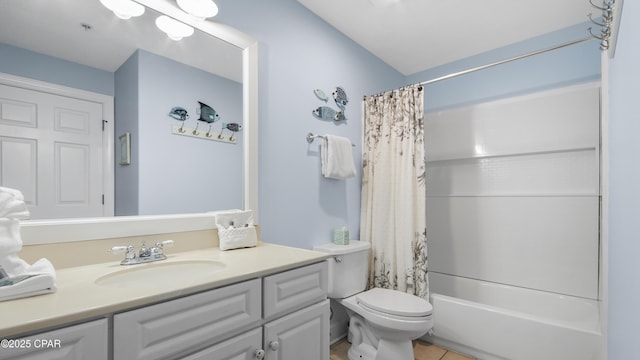 10519 Front Beach Rd Unit 1904B, Panama City Beach, FL 32407 - bathroom with tile patterned floors, vanity, shower / bathtub combination with curtain, and toilet