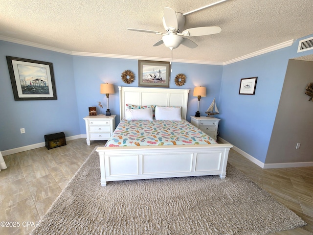 7205 Thomas Dr Unit E706, Panama City, FL 32408 - bedroom featuring crown molding, a textured ceiling, wood finished floors, ceiling fan, and baseboards