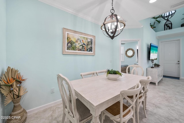 dining area featuring baseboards, ornamental molding, visible vents, and a chandelier