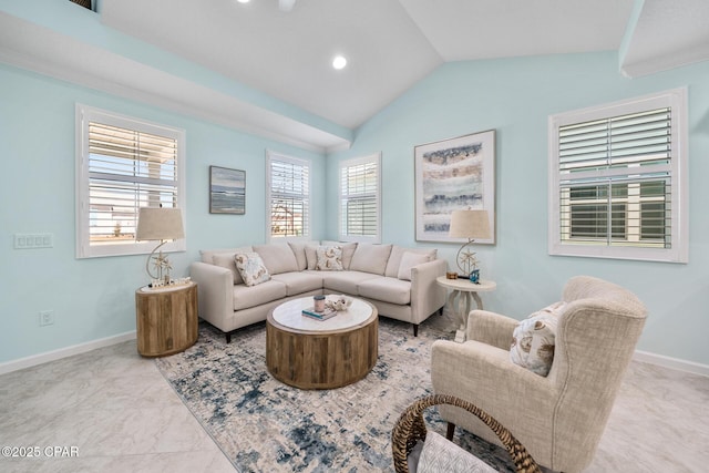 living room with baseboards and vaulted ceiling