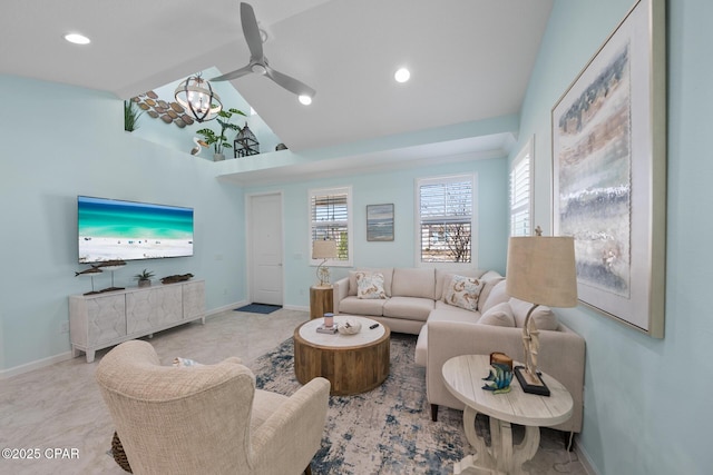 living room featuring baseboards, recessed lighting, ceiling fan, and high vaulted ceiling