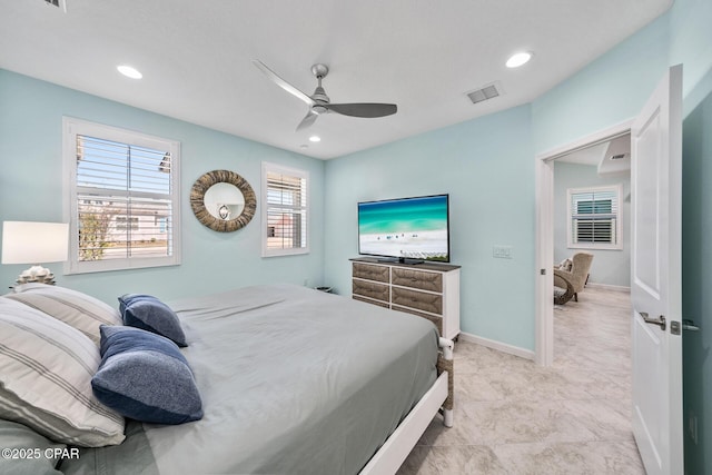bedroom with recessed lighting, a ceiling fan, visible vents, and baseboards