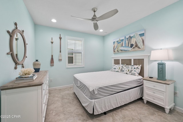 bedroom featuring baseboards, ceiling fan, and recessed lighting