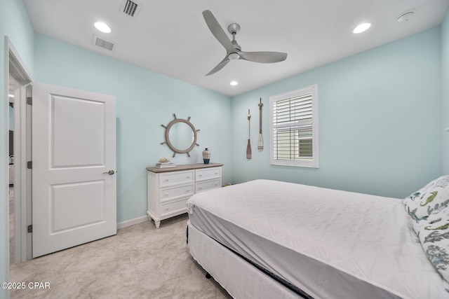 bedroom with visible vents, recessed lighting, and ceiling fan