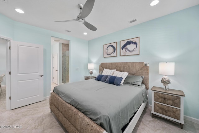 bedroom featuring connected bathroom, ceiling fan, recessed lighting, baseboards, and visible vents
