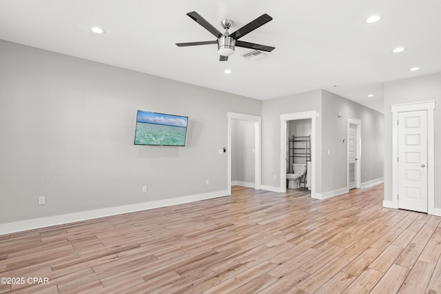 unfurnished living room with a ceiling fan, light wood finished floors, baseboards, visible vents, and recessed lighting