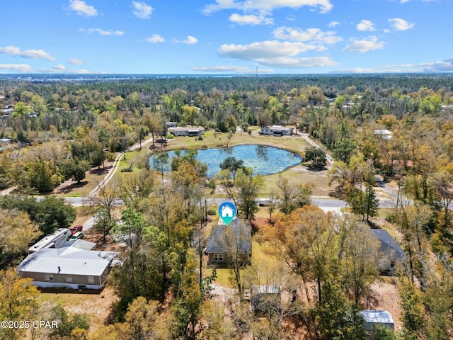 birds eye view of property featuring a water view and a wooded view