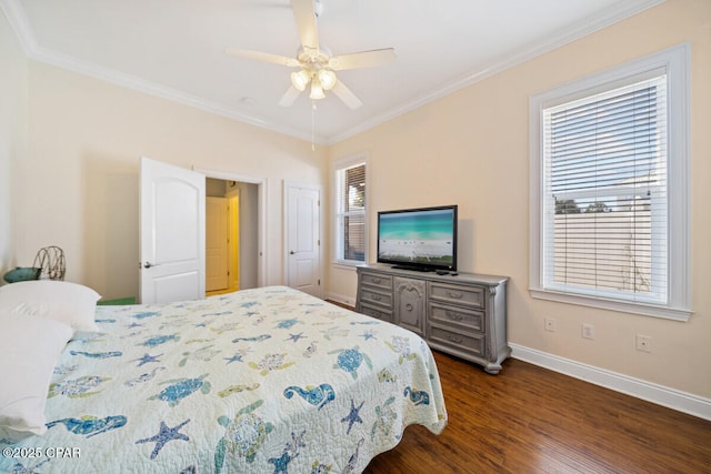 14205 Millcole Ave, Panama City Beach, FL 32413 - bedroom featuring dark wood-type flooring, crown molding, baseboards, and a ceiling fan