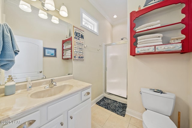 14205 Millcole Ave, Panama City Beach, FL 32413 - bathroom with a shower stall, tile patterned floors, toilet, vanity, and baseboards