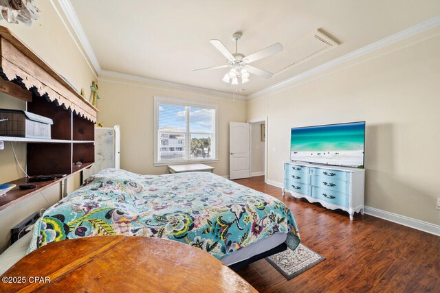 14205 Millcole Ave, Panama City Beach, FL 32413 - bedroom with wood finished floors, ornamental molding, baseboards, attic access, and ceiling fan