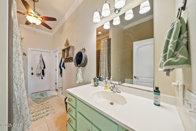 14205 Millcole Ave, Panama City Beach, FL 32413 - bathroom featuring a ceiling fan, tile patterned flooring, a shower with shower curtain, vanity, and ornamental molding