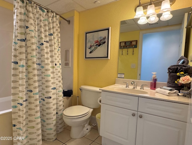 full bathroom with a textured wall, tile patterned flooring, vanity, toilet, and visible vents