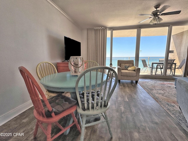 dining space featuring a textured ceiling, a ceiling fan, baseboards, wood finished floors, and floor to ceiling windows