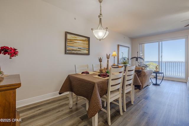 dining space featuring baseboards, wood finished floors, and ceiling fan
