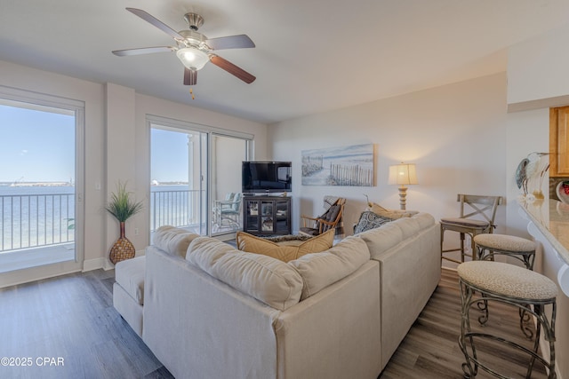 living area with a ceiling fan, baseboards, and wood finished floors