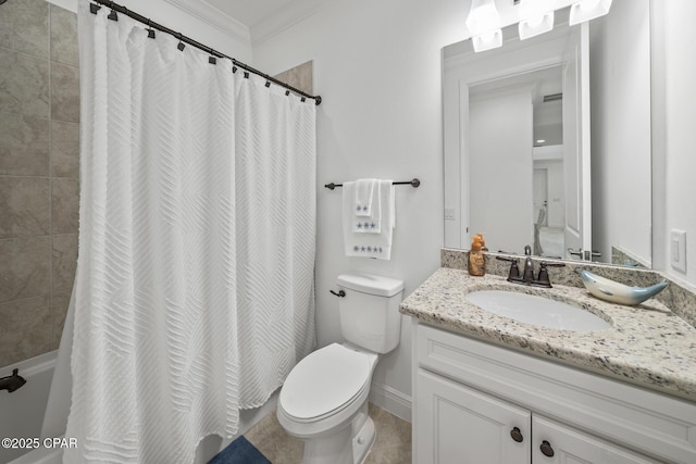 bathroom with crown molding, toilet, vanity, shower / bathtub combination with curtain, and tile patterned flooring