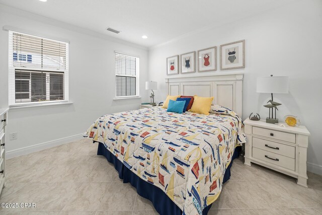 bedroom with recessed lighting, crown molding, baseboards, and visible vents