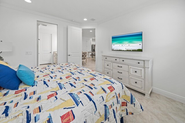 bedroom with ornamental molding, baseboards, and recessed lighting