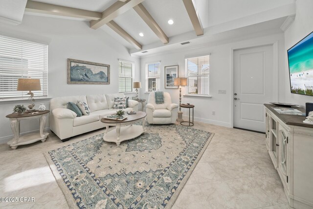 living area featuring lofted ceiling with beams, baseboards, visible vents, and a healthy amount of sunlight