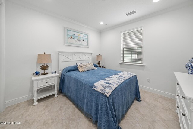 bedroom featuring light tile patterned flooring, baseboards, visible vents, ornamental molding, and recessed lighting