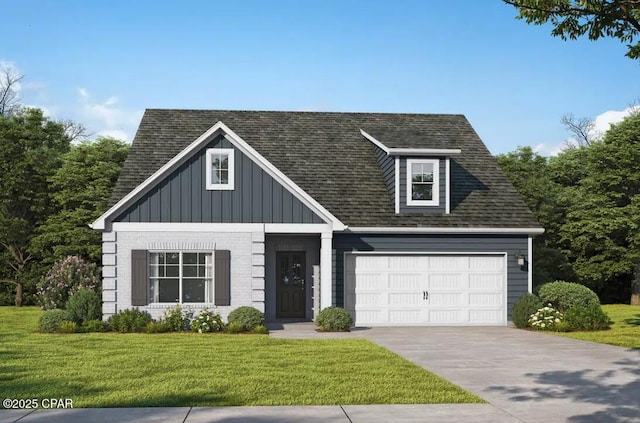 view of front facade featuring concrete driveway, a front lawn, roof with shingles, and an attached garage