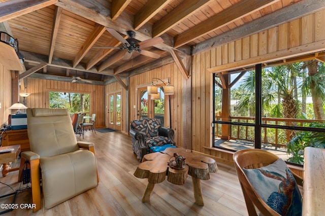 living room featuring a ceiling fan, wood ceiling, wood walls, and wood finished floors