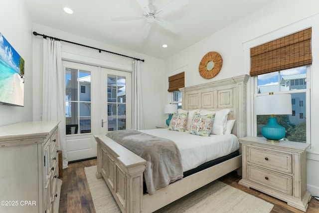bedroom with recessed lighting, access to exterior, dark wood-style floors, a ceiling fan, and french doors