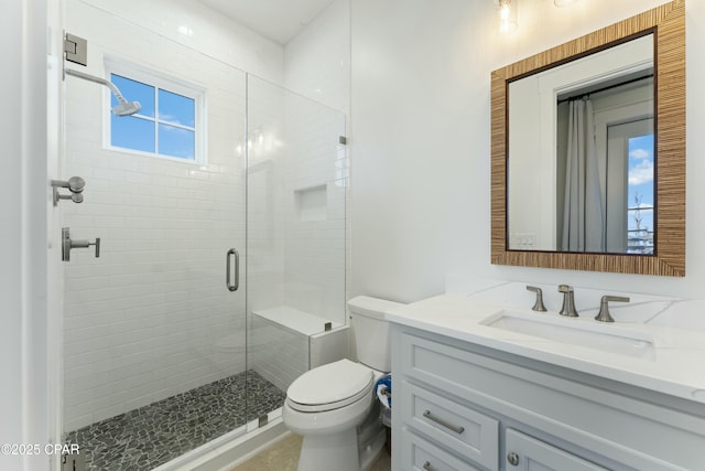 full bath with vanity, toilet, and a stall shower