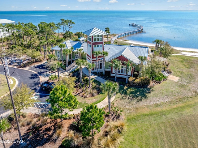 drone / aerial view with a water view
