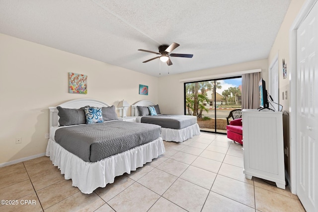 520 N Richard Jackson Blvd Unit 1804, Panama City Beach, FL 32407 - bedroom featuring access to outside, light tile patterned flooring, a textured ceiling, ceiling fan, and baseboards