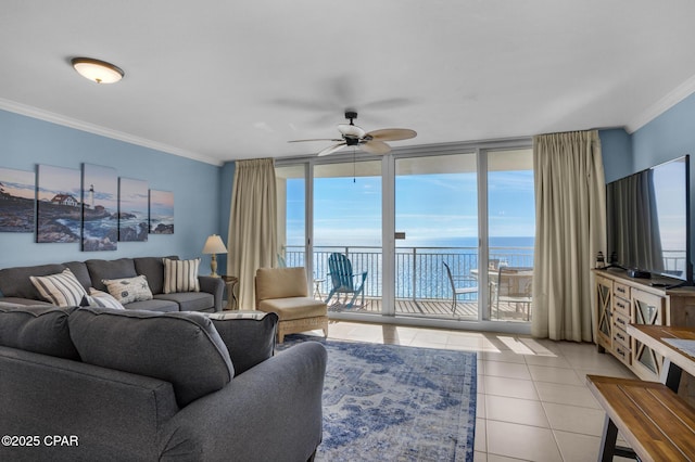 14701 Front Beach Rd Unit 2128, Panama City Beach, FL 32413 - living area with crown molding, floor to ceiling windows, ceiling fan, and light tile patterned floors