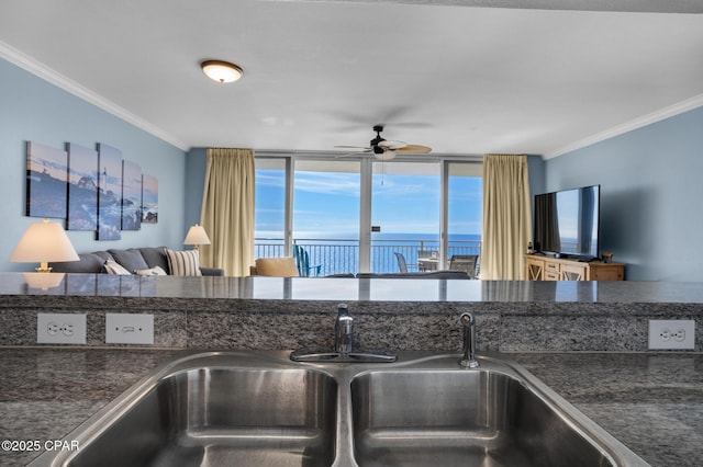 14701 Front Beach Rd Unit 2128, Panama City Beach, FL 32413 - kitchen with a ceiling fan, crown molding, and open floor plan