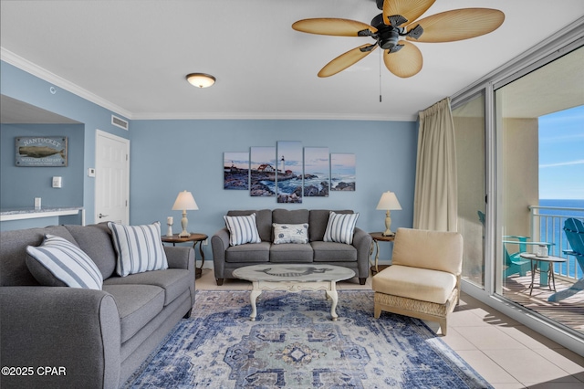 14701 Front Beach Rd Unit 2128, Panama City Beach, FL 32413 - living room with ornamental molding, ceiling fan, and tile patterned floors